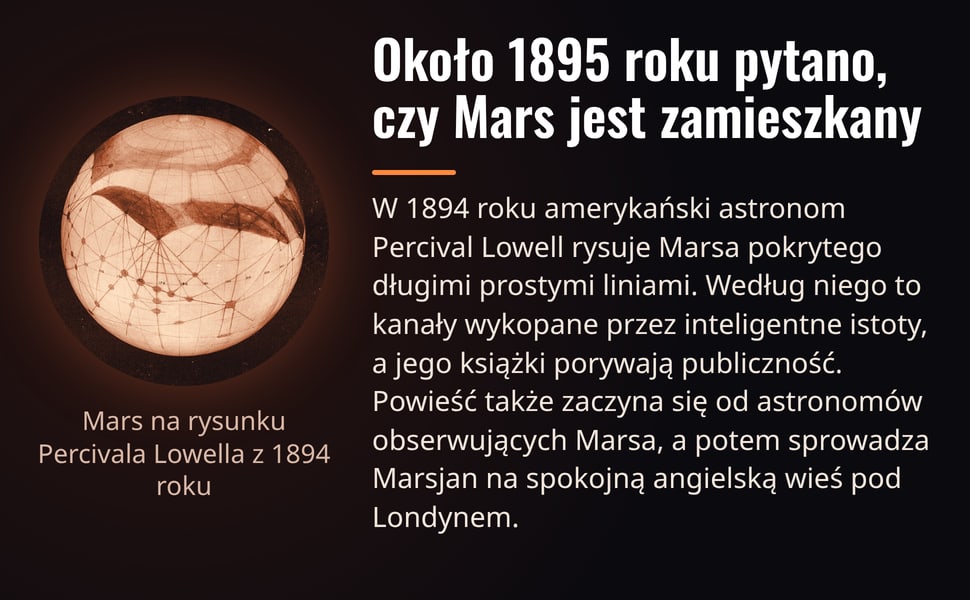 Około 1895 roku pytano, czy Mars jest zamieszkany. W 1894 roku amerykański astronom Percival Lowell rysuje Marsa pokrytego długimi prostymi liniami. Według niego to kanały wykopane przez inteligentne istoty, a jego…