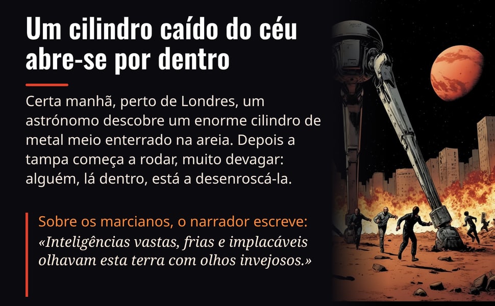 Um cilindro caído do céu abre-se por dentro. Certa manhã, perto de Londres, um astrónomo descobre um enorme cilindro de metal meio enterrado na areia. Depois a tampa começa a rodar, muito devagar: alguém, lá dentro…