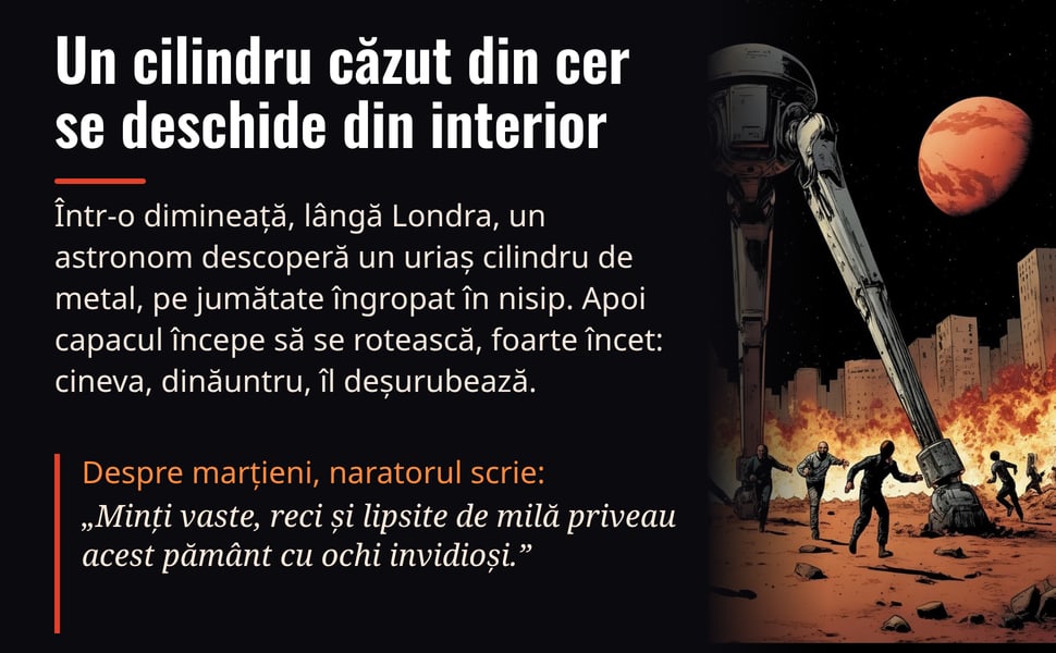 Un cilindru căzut din cer se deschide din interior. Într-o dimineață, lângă Londra, un astronom descoperă un uriaș cilindru de metal, pe jumătate îngropat în nisip. Apoi capacul începe să se rotească, foarte încet…