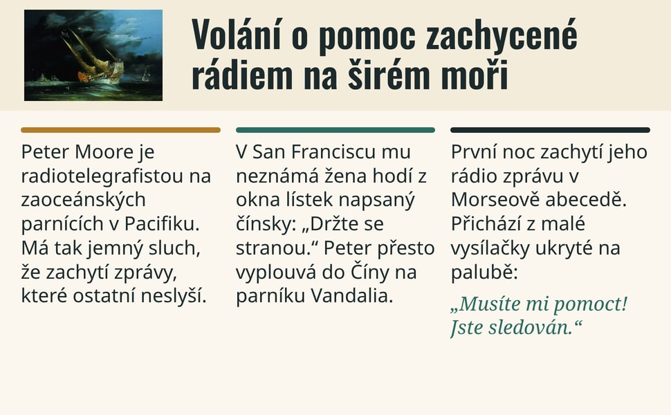 Volání o pomoc zachycené rádiem na širém moři. Peter Moore je radiotelegrafistou na zaoceánských parnících v Pacifiku. Má tak jemný sluch, že zachytí zprávy, které ostatní neslyší.