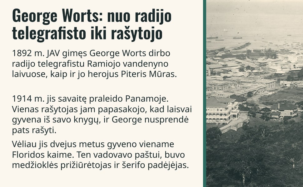 George Worts: nuo radijo telegrafisto iki rašytojo. 1892 m. JAV gimęs George Worts dirbo radijo telegrafistu Ramiojo vandenyno laivuose, kaip ir jo herojus Piteris Mūras.