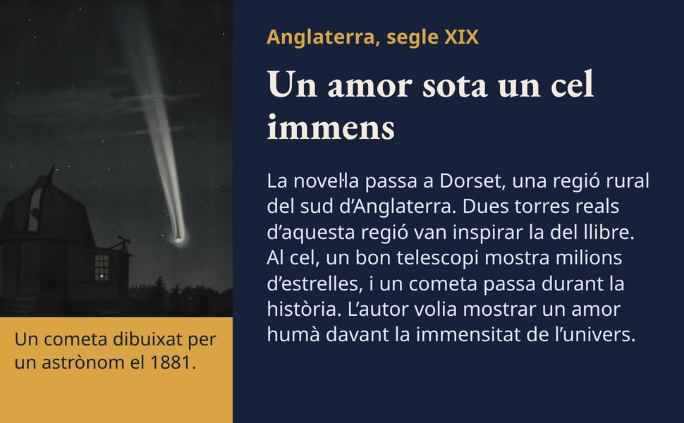 Un amor sota un cel immens. La novel·la passa a Dorset, una regió rural del sud d’Anglaterra. Dues torres reals d’aquesta regió van inspirar la del llibre. Al cel, un bon telescopi mostra milions d’estrelles, i un…