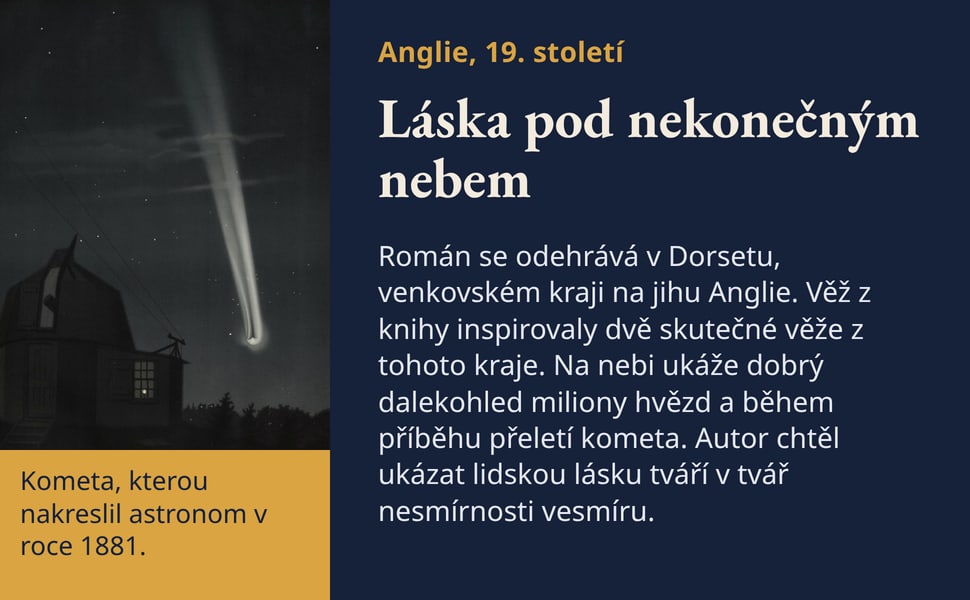 Láska pod nekonečným nebem. Román se odehrává v Dorsetu, venkovském kraji na jihu Anglie. Věž z knihy inspirovaly dvě skutečné věže z tohoto kraje. Na nebi ukáže dobrý dalekohled miliony hvězd a během příběhu přeletí…