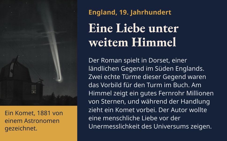 Eine Liebe unter weitem Himmel. Der Roman spielt in Dorset, einer ländlichen Gegend im Süden Englands. Zwei echte Türme dieser Gegend waren das Vorbild für den Turm im Buch. Am Himmel zeigt ein gutes Fernrohr Millionen…