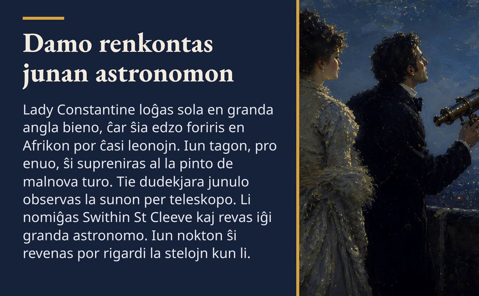 Damo renkontas junan astronomon. Lady Constantine loĝas sola en granda angla bieno, ĉar ŝia edzo foriris en Afrikon por ĉasi leonojn. Iun tagon, pro enuo, ŝi supreniras al la pinto de malnova turo. Tie dudekjara junulo…