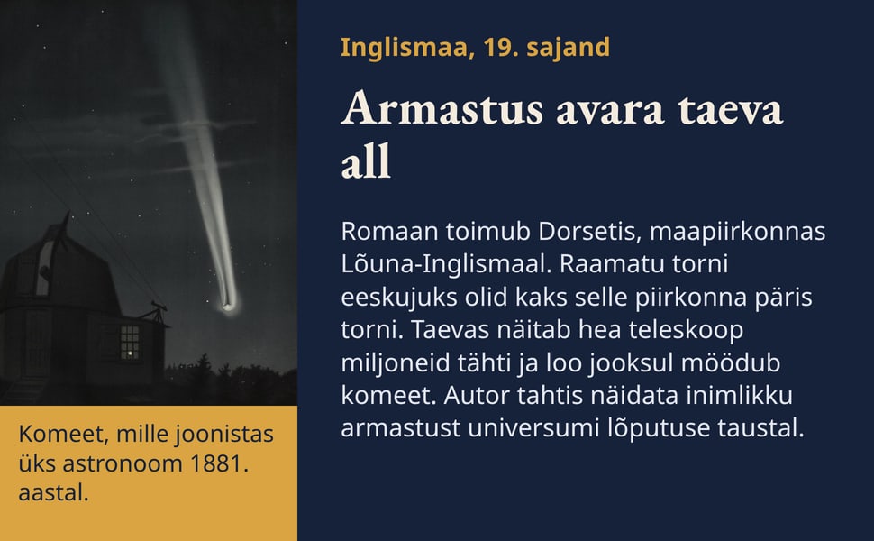 Armastus avara taeva all. Romaan toimub Dorsetis, maapiirkonnas Lõuna-Inglismaal. Raamatu torni eeskujuks olid kaks selle piirkonna päris torni. Taevas näitab hea teleskoop miljoneid tähti ja loo jooksul möödub komeet.…
