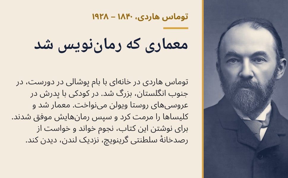 معماری که رماننویس شد. توماس هاردی در خانهای با بام پوشالی در دورست، در جنوب انگلستان، بزرگ شد. در کودکی با پدرش در عروسیهای روستا ویولن مینواخت. معمار شد و کلیساها را مرمت کرد و سپس رمانهایش موفق شدند. برای نوشتن…