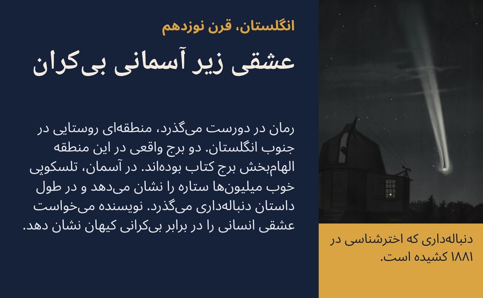 عشقی زیر آسمانی بیکران. رمان در دورست میگذرد، منطقهای روستایی در جنوب انگلستان. دو برج واقعی در این منطقه الهامبخش برج کتاب بودهاند. در آسمان، تلسکوپی خوب میلیونها ستاره را نشان میدهد و در طول داستان دنبالهداری…