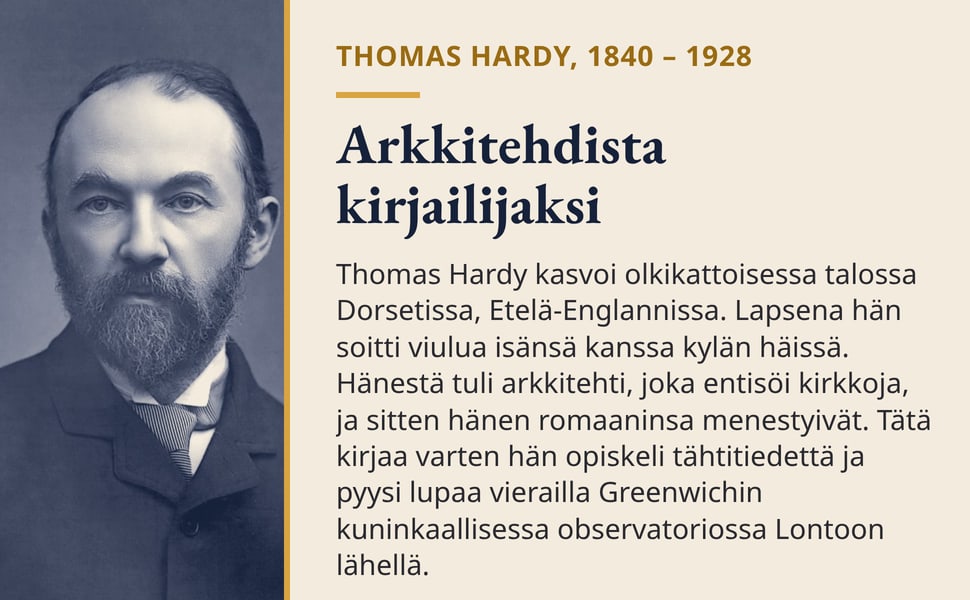 Arkkitehdista kirjailijaksi. Thomas Hardy kasvoi olkikattoisessa talossa Dorsetissa, Etelä-Englannissa. Lapsena hän soitti viulua isänsä kanssa kylän häissä. Hänestä tuli arkkitehti, joka entisöi kirkkoja, ja sitten…