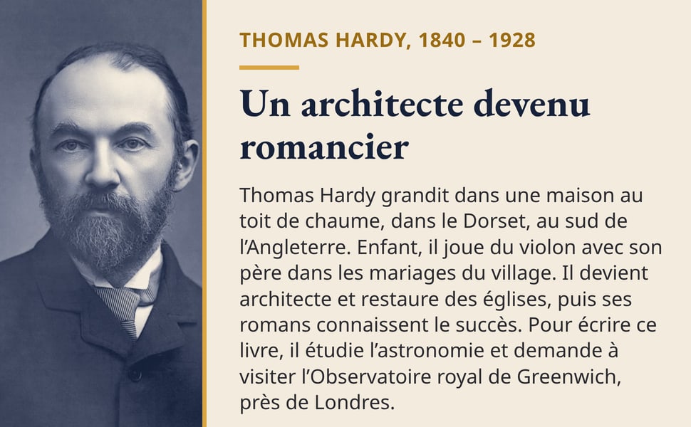 Thomas Hardy, 1840 – 1928. Un architecte devenu romancier. Thomas Hardy grandit dans une maison au toit de chaume, dans le Dorset, au sud de l’Angleterre. Enfant, il joue du violon avec son père dans les mariages du village. Il devient architecte et restaure des églises, puis ses romans connaissent le succès. Pour écrire ce livre, il étudie l’astronomie et demande à visiter l’Observatoire royal de Greenwich, près de Londres. Photo : portrait de Thomas Hardy, vers 1889.