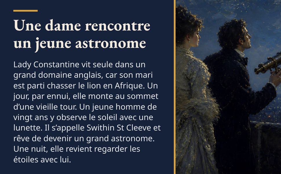 Une dame rencontre un jeune astronome. Lady Constantine vit seule dans un grand domaine anglais, car son mari est parti chasser le lion en Afrique. Un jour, par ennui, elle monte au sommet d’une vieille tour. Un jeune homme de vingt ans y observe le soleil avec une lunette. Il s’appelle Swithin St Cleeve et rêve de devenir un grand astronome. Une nuit, elle revient regarder les étoiles avec lui. Illustration : une femme et un jeune homme, la nuit, en haut d'une tour ; il regarde le ciel près d'une lunette.
