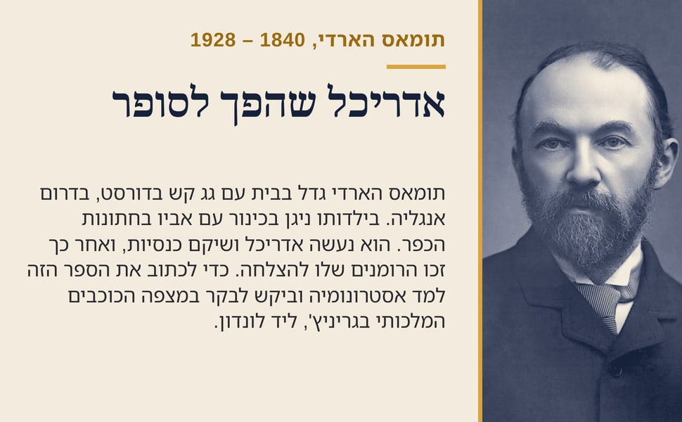 אדריכל שהפך לסופר. תומאס הארדי גדל בבית עם גג קש בדורסט, בדרום אנגליה. בילדותו ניגן בכינור עם אביו בחתונות הכפר. הוא נעשה אדריכל ושיקם כנסיות, ואחר כך זכו הרומנים שלו להצלחה. כדי לכתוב את הספר הזה למד אסטרונומיה וביקש…