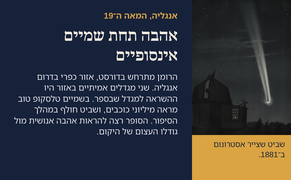 אהבה תחת שמיים אינסופיים. הרומן מתרחש בדורסט, אזור כפרי בדרום אנגליה. שני מגדלים אמיתיים באזור היו ההשראה למגדל שבספר. בשמיים טלסקופ טוב מראה מיליוני כוכבים, ושביט חולף במהלך הסיפור. הסופר רצה להראות אהבה אנושית מול…