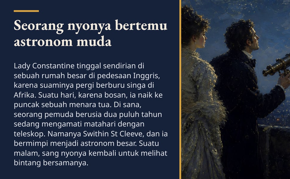 Seorang nyonya bertemu astronom muda. Lady Constantine tinggal sendirian di sebuah rumah besar di pedesaan Inggris, karena suaminya pergi berburu singa di Afrika. Suatu hari, karena bosan, ia naik ke puncak sebuah…
