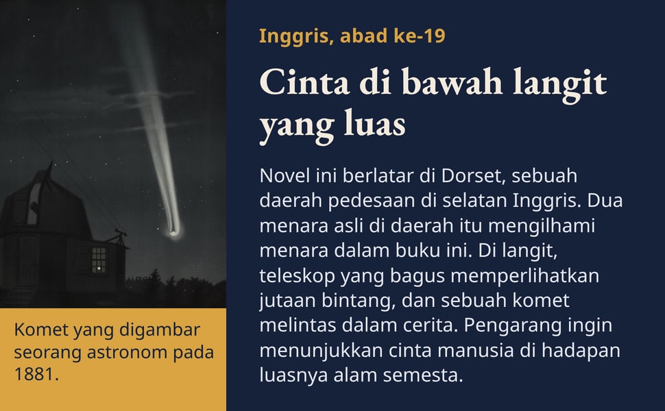 Cinta di bawah langit yang luas. Novel ini berlatar di Dorset, sebuah daerah pedesaan di selatan Inggris. Dua menara asli di daerah itu mengilhami menara dalam buku ini. Di langit, teleskop yang bagus memperlihatkan…