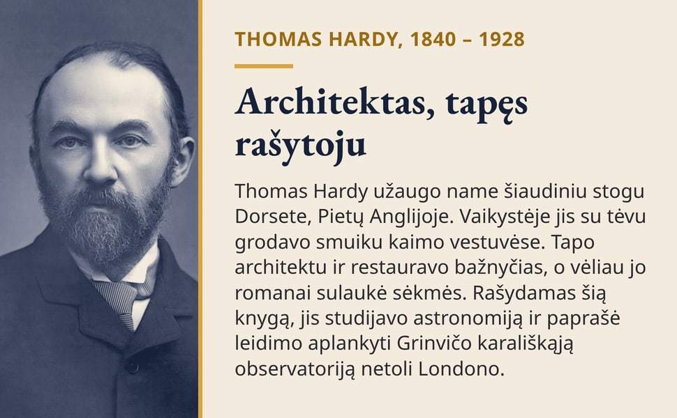 Architektas, tapęs rašytoju. Thomas Hardy užaugo name šiaudiniu stogu Dorsete, Pietų Anglijoje. Vaikystėje jis su tėvu grodavo smuiku kaimo vestuvėse. Tapo architektu ir restauravo bažnyčias, o vėliau jo romanai…