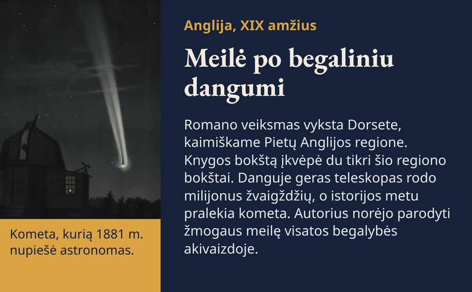 Meilė po begaliniu dangumi. Romano veiksmas vyksta Dorsete, kaimiškame Pietų Anglijos regione. Knygos bokštą įkvėpė du tikri šio regiono bokštai. Danguje geras teleskopas rodo milijonus žvaigždžių, o istorijos metu…