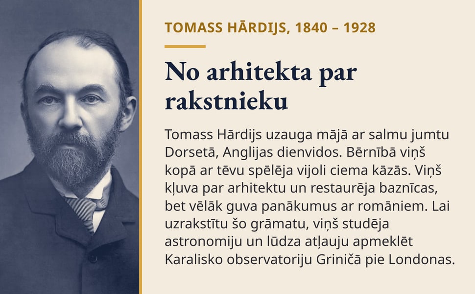 No arhitekta par rakstnieku. Tomass Hārdijs uzauga mājā ar salmu jumtu Dorsetā, Anglijas dienvidos. Bērnībā viņš kopā ar tēvu spēlēja vijoli ciema kāzās. Viņš kļuva par arhitektu un restaurēja baznīcas, bet vēlāk guva…
