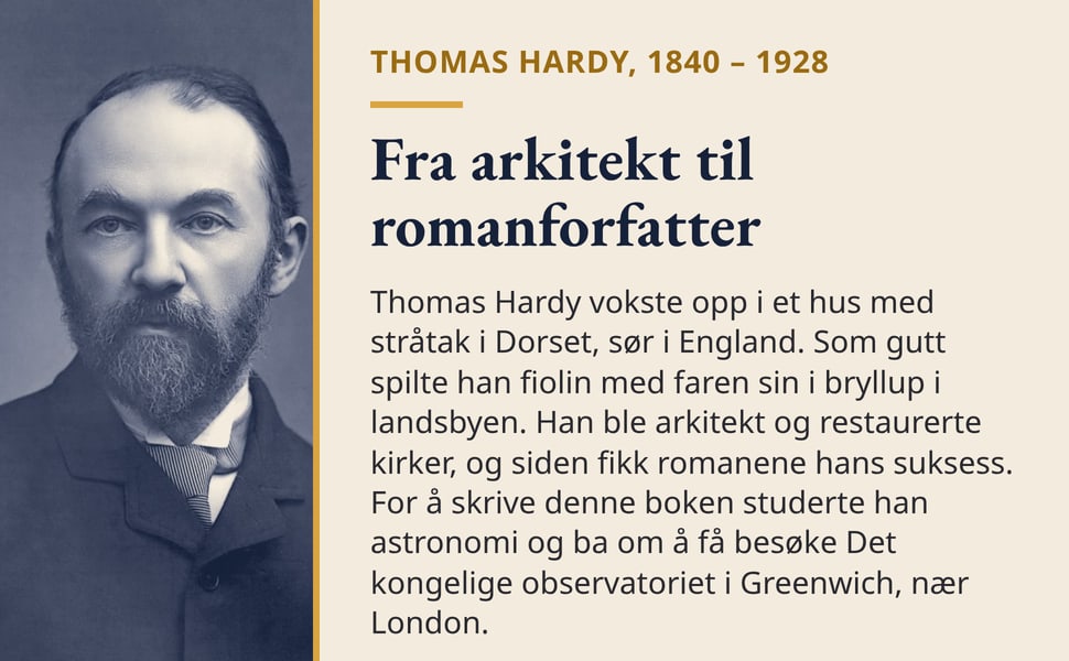 Fra arkitekt til romanforfatter. Thomas Hardy vokste opp i et hus med stråtak i Dorset, sør i England. Som gutt spilte han fiolin med faren sin i bryllup i landsbyen. Han ble arkitekt og restaurerte kirker, og siden…