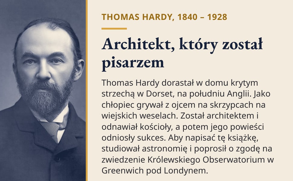 Architekt, który został pisarzem. Thomas Hardy dorastał w domu krytym strzechą w Dorset, na południu Anglii. Jako chłopiec grywał z ojcem na skrzypcach na wiejskich weselach. Został architektem i odnawiał kościoły, a…