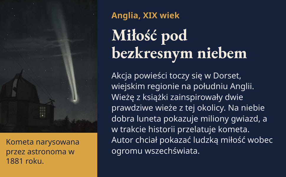 Miłość pod bezkresnym niebem. Akcja powieści toczy się w Dorset, wiejskim regionie na południu Anglii. Wieżę z książki zainspirowały dwie prawdziwe wieże z tej okolicy. Na niebie dobra luneta pokazuje miliony gwiazd, a…