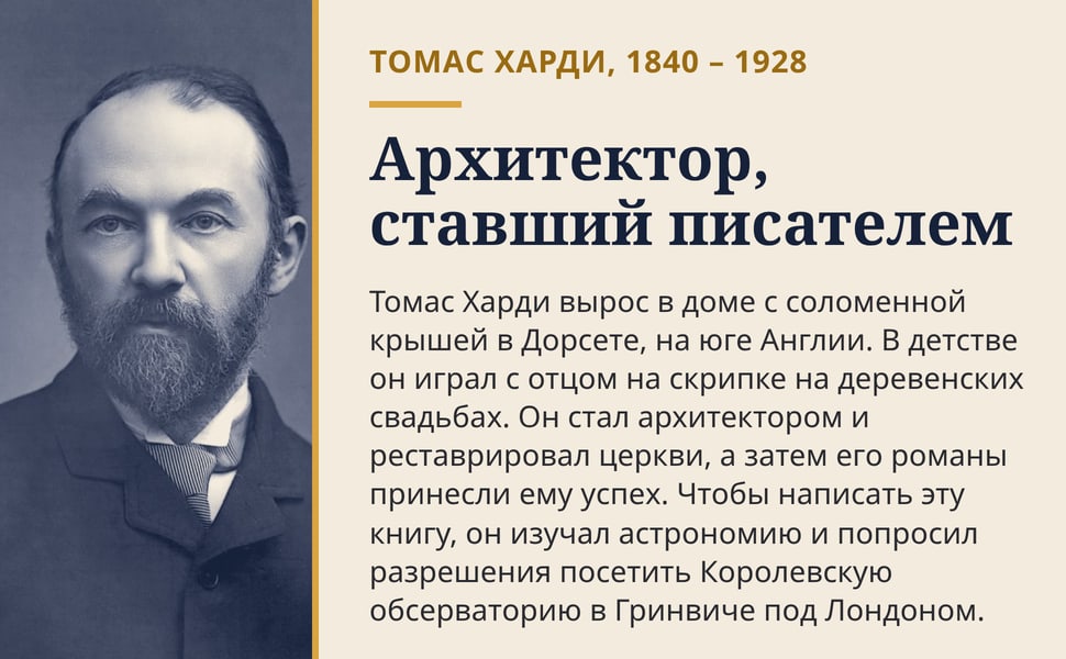 Архитектор, ставший писателем. Томас Харди вырос в доме с соломенной крышей в Дорсете, на юге Англии. В детстве он играл с отцом на скрипке на деревенских свадьбах. Он стал архитектором и реставрировал церкви, а затем…