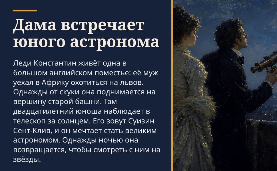 Дама встречает юного астронома. Леди Константин живёт одна в большом английском поместье: её муж уехал в Африку охотиться на львов. Однажды от скуки она поднимается на вершину старой башни. Там двадцатилетний юноша…