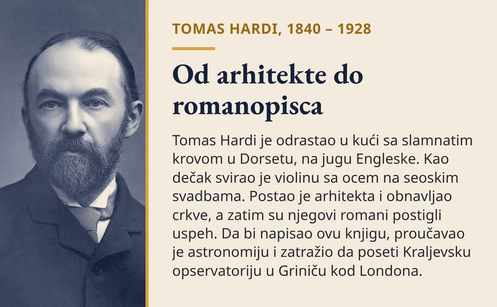 Od arhitekte do romanopisca. Tomas Hardi je odrastao u kući sa slamnatim krovom u Dorsetu, na jugu Engleske. Kao dečak svirao je violinu sa ocem na seoskim svadbama. Postao je arhitekta i obnavljao crkve, a zatim su…