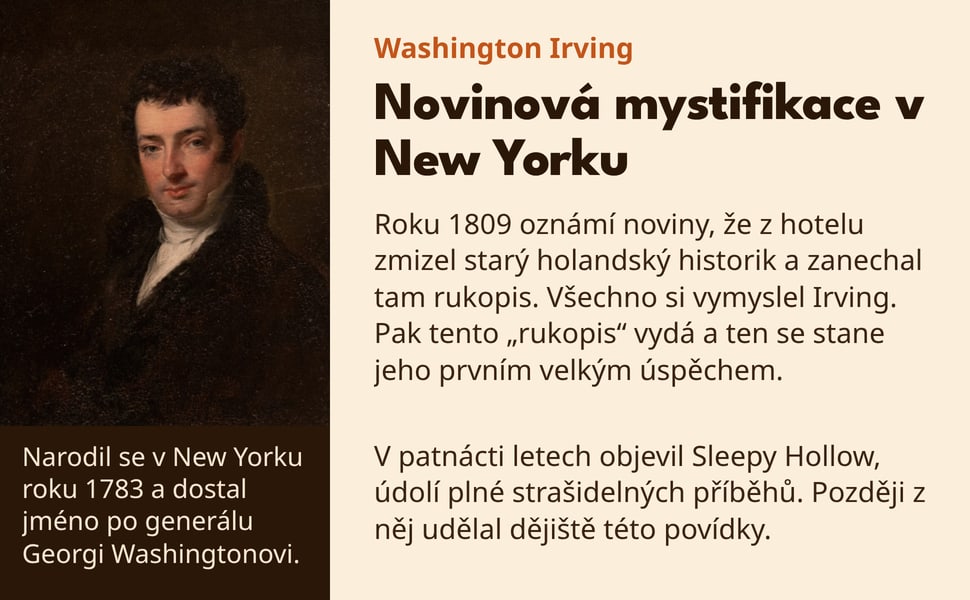 Novinová mystifikace v New Yorku. Narodil se v New Yorku roku 1783 a dostal jméno po generálu Georgi Washingtonovi.