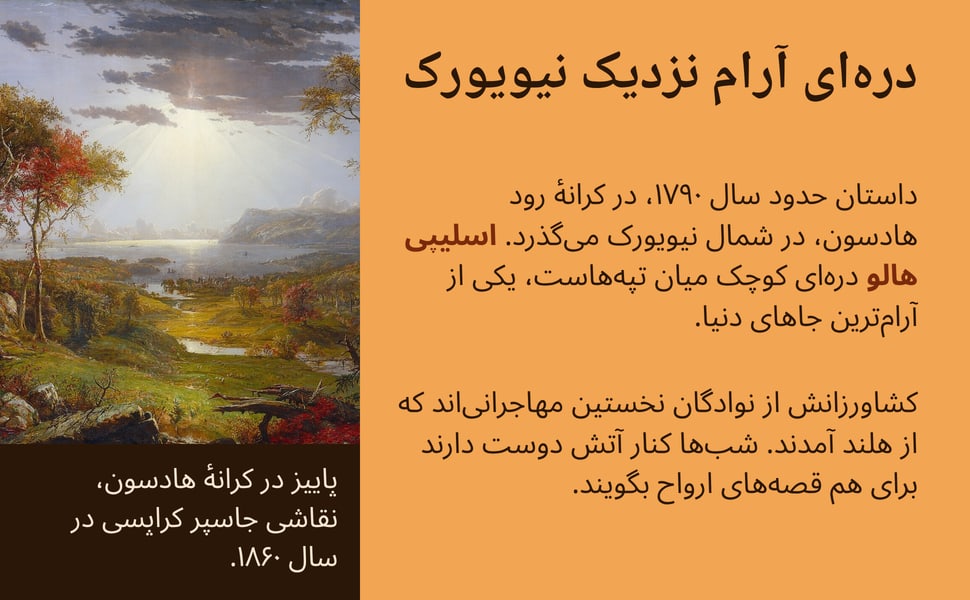 درهای آرام نزدیک نیویورک. داستان حدود سال ۱۷۹۰، در کرانهٔ رود هادسون، در شمال نیویورک میگذرد. اسلیپی هالو درهای کوچک میان تپههاست، یکی از آرامترین جاهای دنیا.