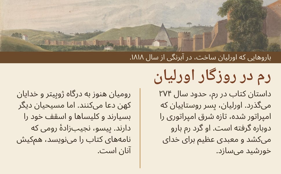 رم در روزگار اورلیان. داستان کتاب در رم، حدود سال ۲۷۴ میگذرد. اورلیان، پسر روستاییان که امپراتور شده، تازه شرق امپراتوری را دوباره گرفته است. او گرد رم بارو میکشد و معبدی عظیم برای خدای خورشید میسازد.