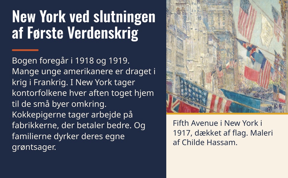 New York ved slutningen af Første Verdenskrig. Bogen foregår i 1918 og 1919. Mange unge amerikanere er draget i krig i Frankrig. I New York tager kontorfolkene hver aften toget hjem til de små byer omkring.…
