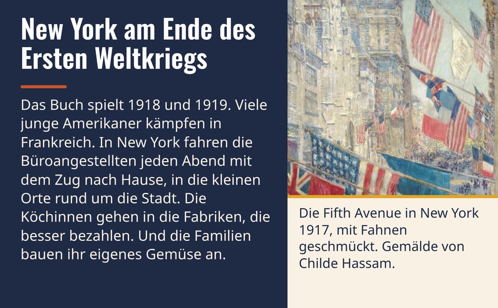 New York am Ende des Ersten Weltkriegs. Das Buch spielt 1918 und 1919. Viele junge Amerikaner kämpfen in Frankreich. In New York fahren die Büroangestellten jeden Abend mit dem Zug nach Hause, in die kleinen Orte rund…