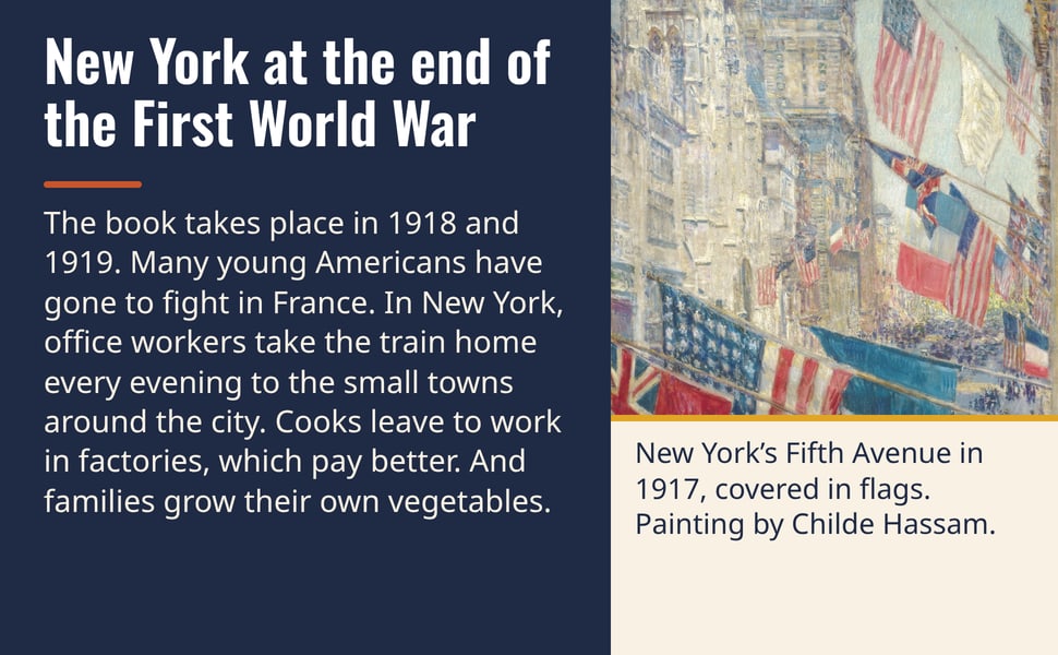New York at the end of the First World War. The book takes place in 1918 and 1919. Many young Americans have gone to fight in France. In New York, office workers take the train home every evening to the small towns…
