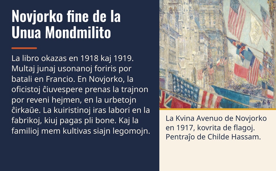 Novjorko fine de la Unua Mondmilito. La libro okazas en 1918 kaj 1919. Multaj junaj usonanoj foriris por batali en Francio. En Novjorko, la oficistoj ĉiuvespere prenas la trajnon por reveni hejmen, en la urbetojn…
