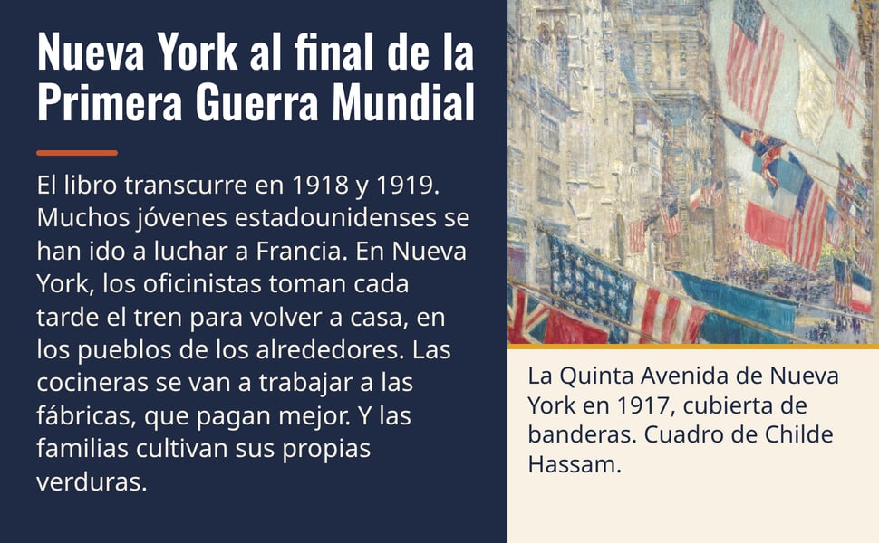 Nueva York al final de la Primera Guerra Mundial. El libro transcurre en 1918 y 1919. Muchos jóvenes estadounidenses se han ido a luchar a Francia. En Nueva York, los oficinistas toman cada tarde el tren para volver a…