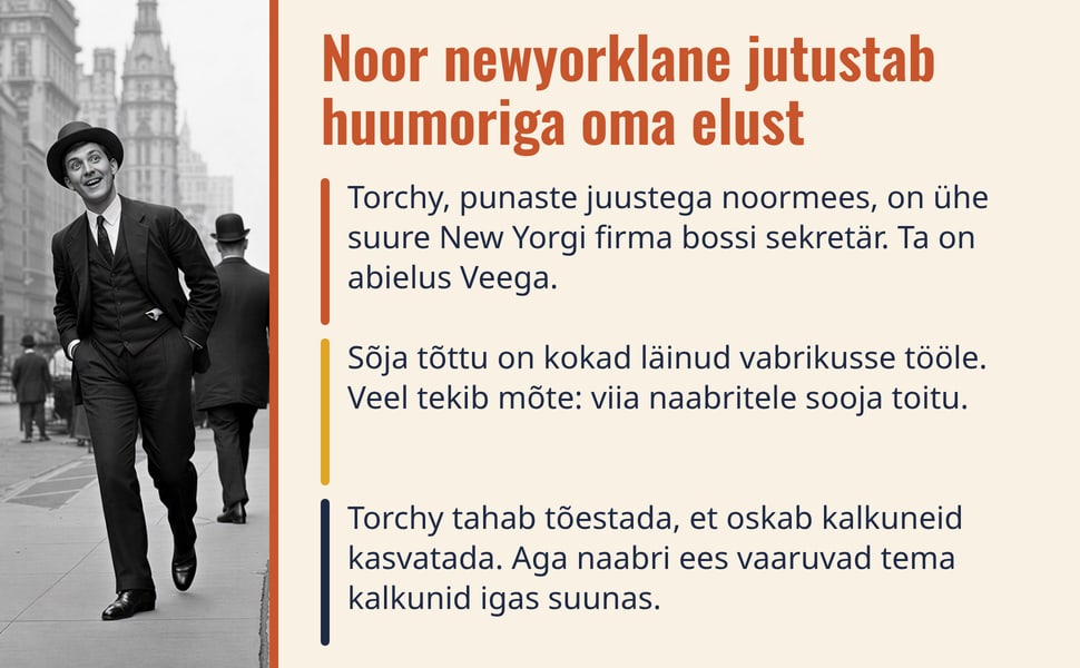 Noor newyorklane jutustab huumoriga oma elust. Torchy, punaste juustega noormees, on ühe suure New Yorgi firma bossi sekretär. Ta on abielus Veega.