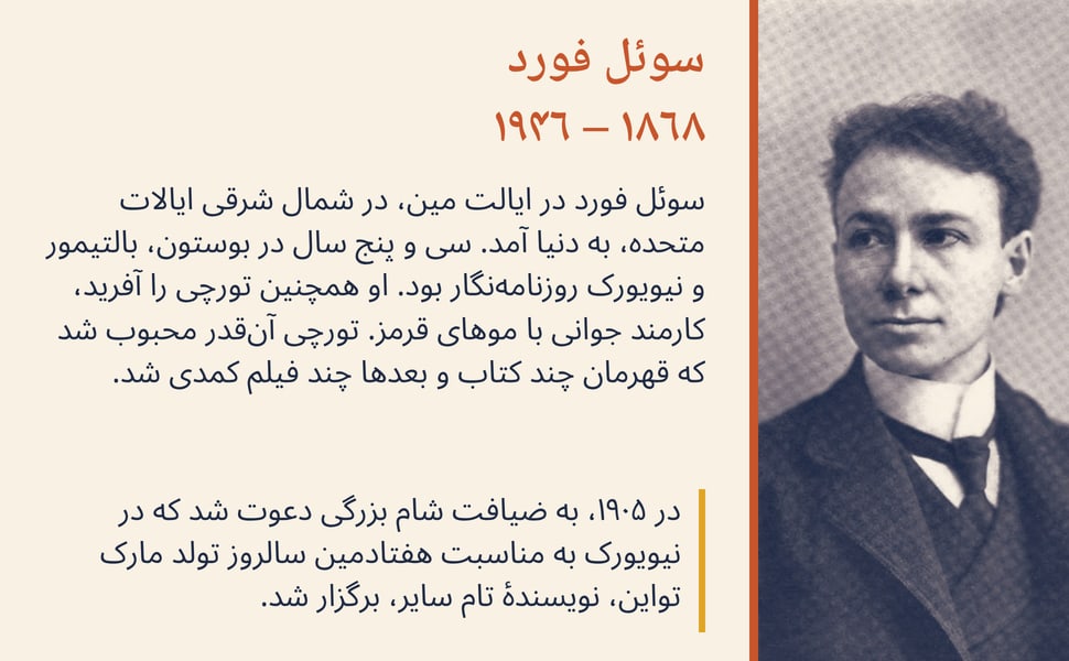 سوئل فورد ۱۸۶۸ – ۱۹۴۶. سوئل فورد در ایالت مین، در شمال شرقی ایالات متحده، به دنیا آمد. سی و پنج سال در بوستون، بالتیمور و نیویورک روزنامهنگار بود. او همچنین تورچی را آفرید، کارمند جوانی با موهای قرمز. تورچی آنقدر…