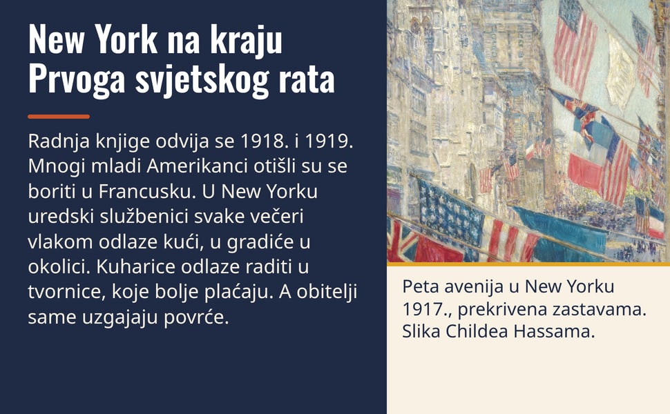 New York na kraju Prvoga svjetskog rata. Radnja knjige odvija se 1918. i 1919. Mnogi mladi Amerikanci otišli su se boriti u Francusku. U New Yorku uredski službenici svake večeri vlakom odlaze kući, u gradiće u…