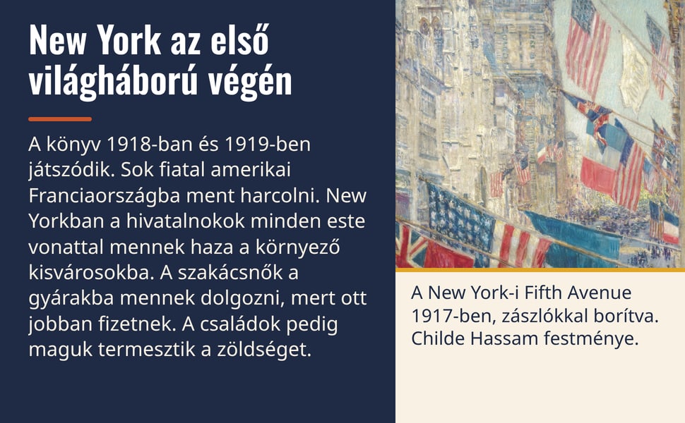 New York az első világháború végén. A könyv 1918-ban és 1919-ben játszódik. Sok fiatal amerikai Franciaországba ment harcolni. New Yorkban a hivatalnokok minden este vonattal mennek haza a környező kisvárosokba. A…