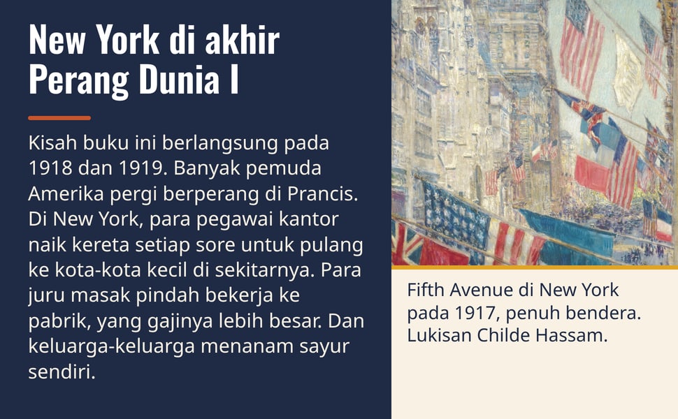 New York di akhir Perang Dunia I. Kisah buku ini berlangsung pada 1918 dan 1919. Banyak pemuda Amerika pergi berperang di Prancis. Di New York, para pegawai kantor naik kereta setiap sore untuk pulang ke kota-kota…
