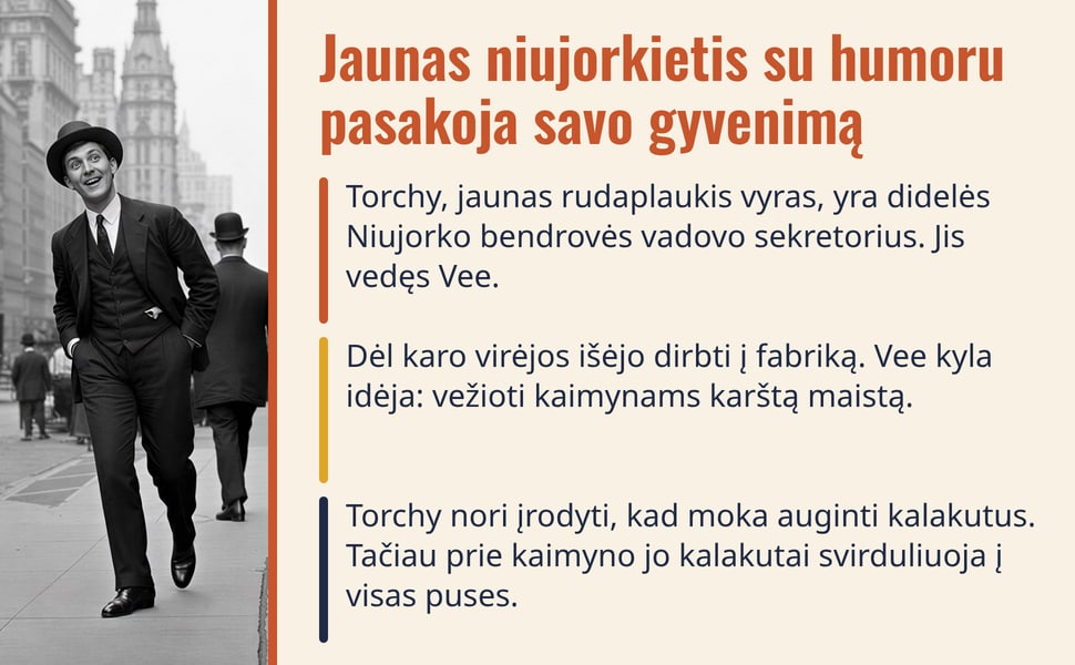 Jaunas niujorkietis su humoru pasakoja savo gyvenimą. Torchy, jaunas rudaplaukis vyras, yra didelės Niujorko bendrovės vadovo sekretorius. Jis vedęs Vee.