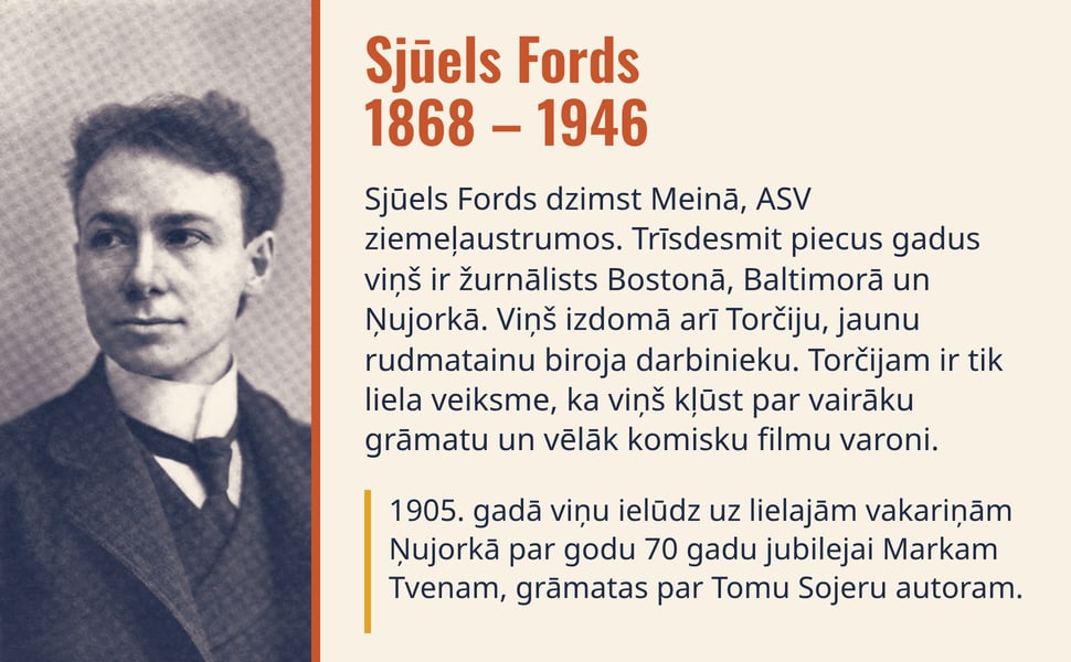 Sjūels Fords 1868 – 1946. Sjūels Fords dzimst Meinā, ASV ziemeļaustrumos. Trīsdesmit piecus gadus viņš ir žurnālists Bostonā, Baltimorā un Ņujorkā. Viņš izdomā arī Torčiju, jaunu rudmatainu biroja darbinieku. Torčijam…
