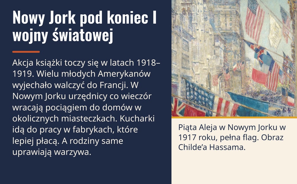 Nowy Jork pod koniec I wojny światowej. Akcja książki toczy się w latach 1918–1919. Wielu młodych Amerykanów wyjechało walczyć do Francji. W Nowym Jorku urzędnicy co wieczór wracają pociągiem do domów w okolicznych…