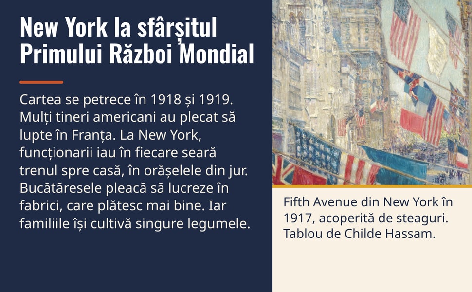 New York la sfârșitul Primului Război Mondial. Cartea se petrece în 1918 și 1919. Mulți tineri americani au plecat să lupte în Franța. La New York, funcționarii iau în fiecare seară trenul spre casă, în orășelele din…