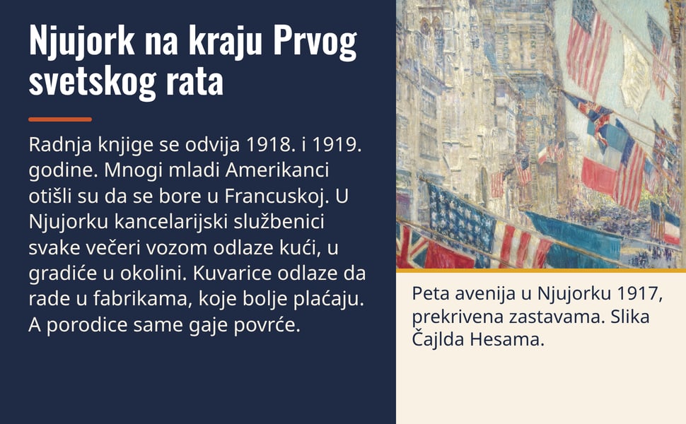 Njujork na kraju Prvog svetskog rata. Radnja knjige se odvija 1918. i 1919. godine. Mnogi mladi Amerikanci otišli su da se bore u Francuskoj. U Njujorku kancelarijski službenici svake večeri vozom odlaze kući, u…