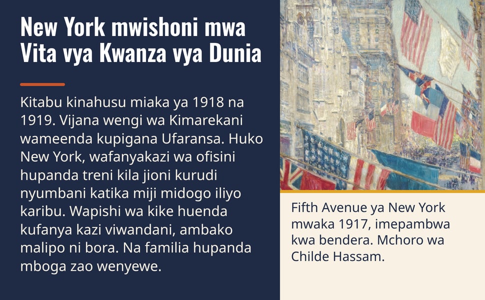 New York mwishoni mwa Vita vya Kwanza vya Dunia. Kitabu kinahusu miaka ya 1918 na 1919. Vijana wengi wa Kimarekani wameenda kupigana Ufaransa. Huko New York, wafanyakazi wa ofisini hupanda treni kila jioni kurudi…