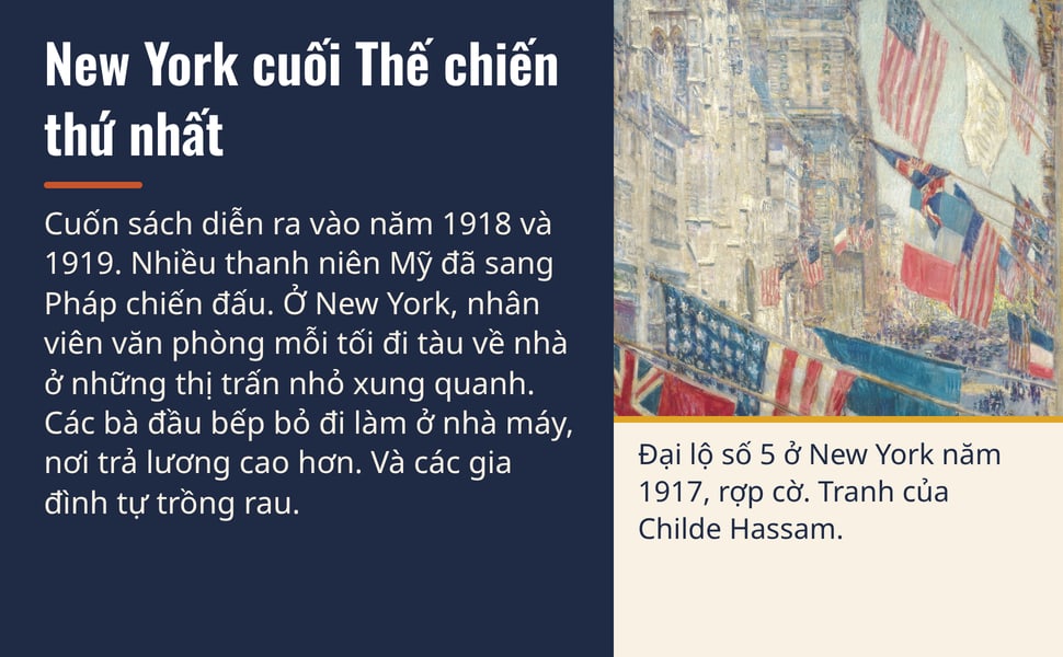 New York cuối Thế chiến thứ nhất. Cuốn sách diễn ra vào năm 1918 và 1919. Nhiều thanh niên Mỹ đã sang Pháp chiến đấu. Ở New York, nhân viên văn phòng mỗi tối đi tàu về nhà ở những thị trấn nhỏ xung quanh. Các bà đầu…