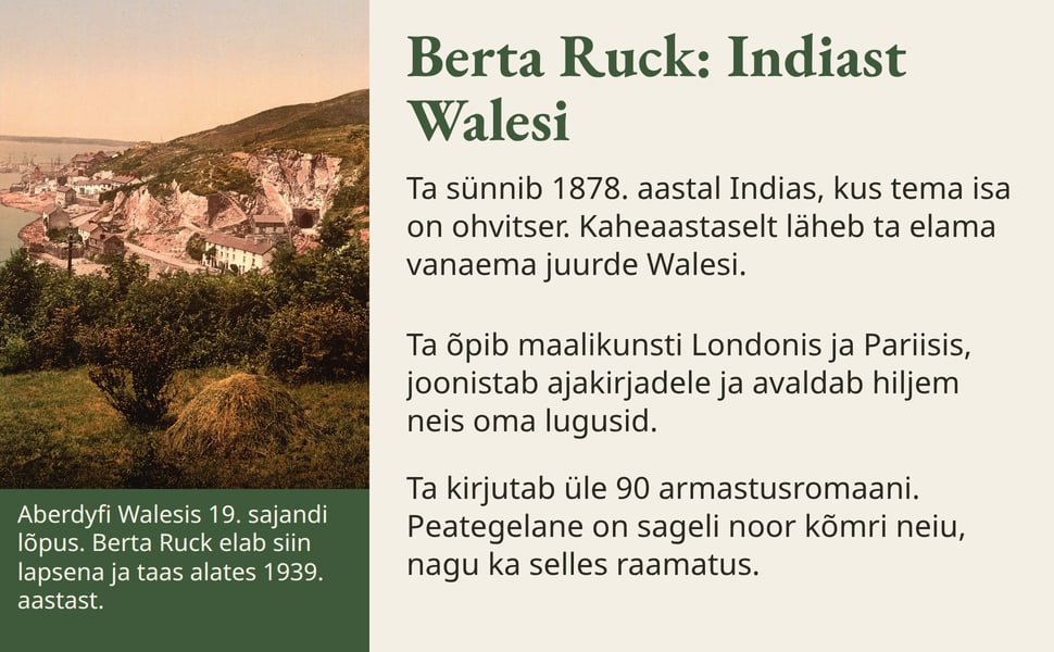Berta Ruck: Indiast Walesi. Ta sünnib 1878. aastal Indias, kus tema isa on ohvitser. Kaheaastaselt läheb ta elama vanaema juurde Walesi.