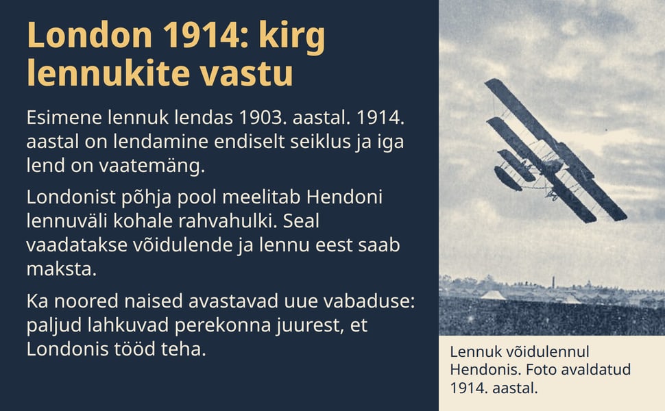 London 1914: kirg lennukite vastu. Esimene lennuk lendas 1903. aastal. 1914. aastal on lendamine endiselt seiklus ja iga lend on vaatemäng.